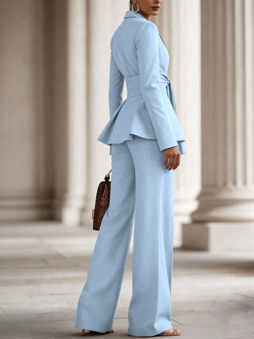 Blue Elegant Women's Knotted Waist Long Sleeve Jacket And Pants Suit Set - Picture 3 of 4